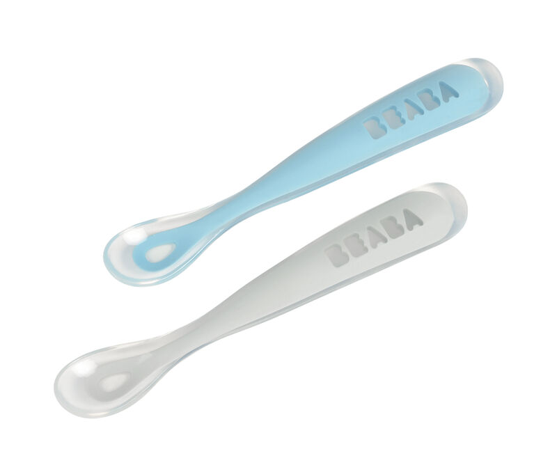 Set van 2 siliconen babylepels + opbergdoosje grey / blue - Béaba